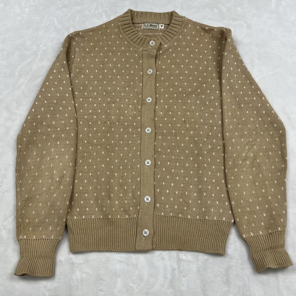 L.L. Bean Cardigan Sweater Womens M Tan Birds Eye Knit Button Front Vintage